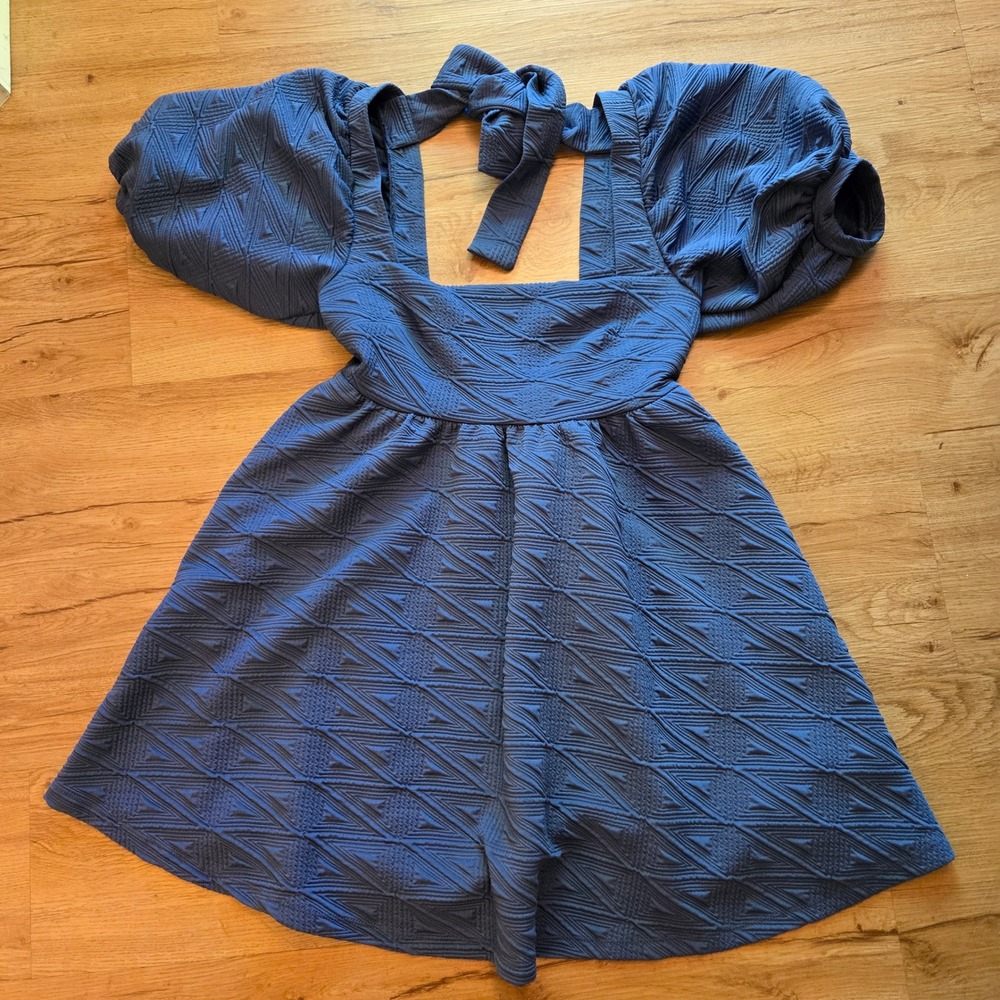 Free People Blue Puff Sleeve Mini Dress Tie Back Textured Babydoll XS